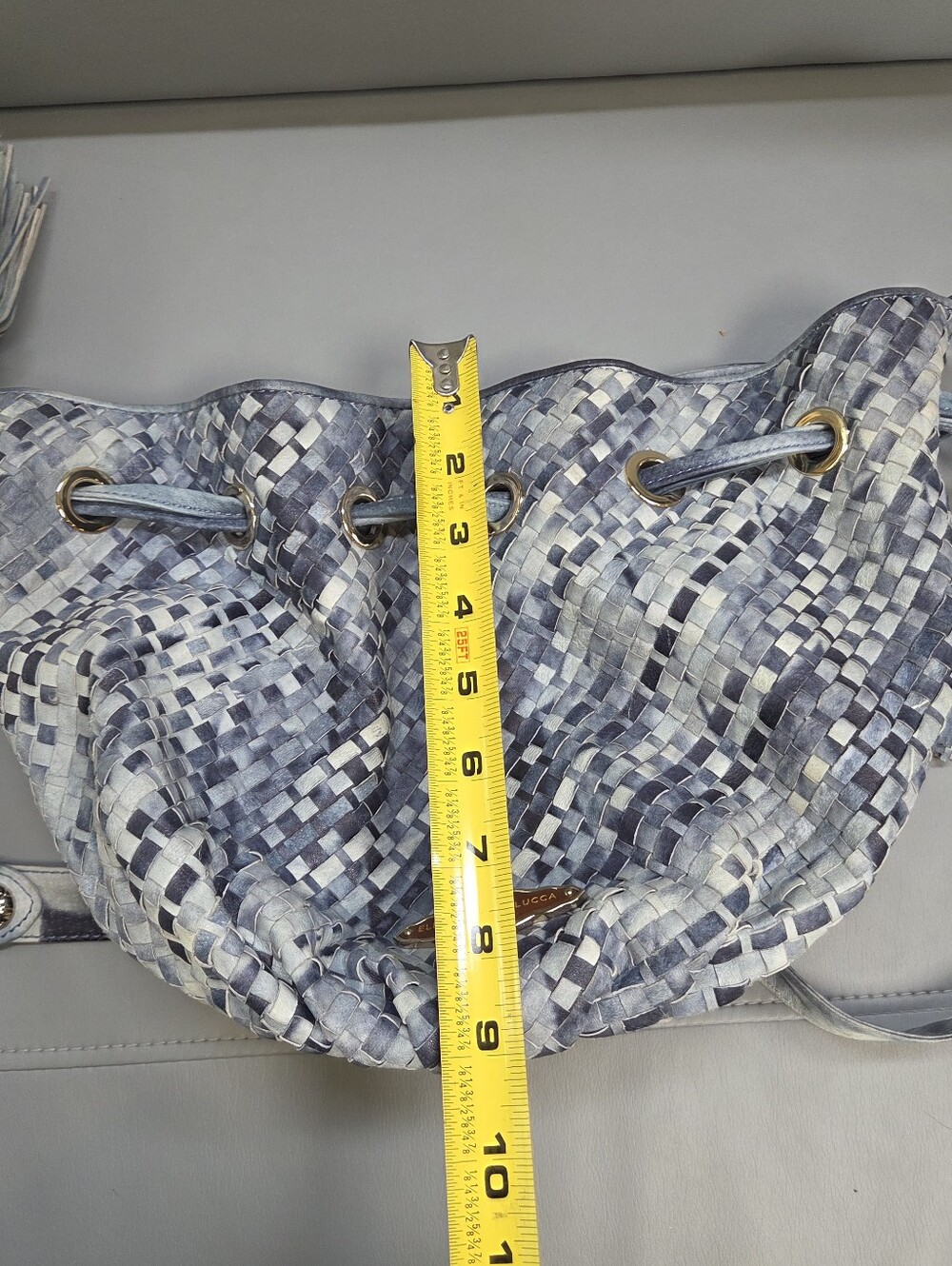 Elliott Lucca Blue tye dye Woven Leather Drawstring bucket hobo Shoulder Bag - Picture 11 of 13